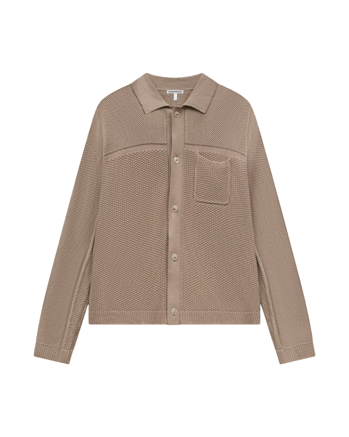 Contrast Knit Crochet  Long Sleeve Shirt - Brown