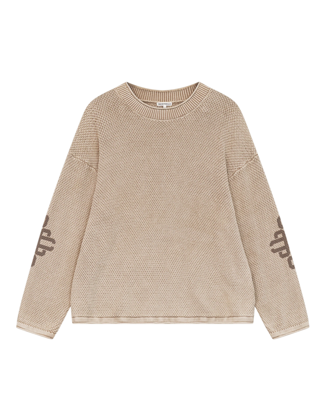 Washed Emblem Knit Crew - Beige