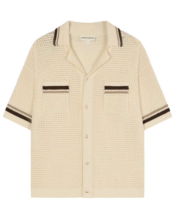 Crochet Knitted Stripe Button Trough Shirt - Off White